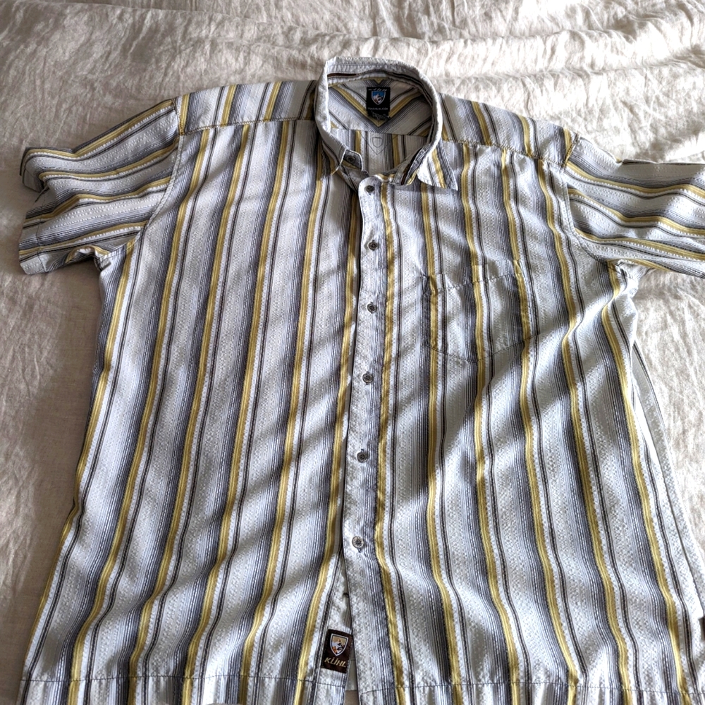 Khul, XXL, White Short Sleeve Button down casual shirt with grey & yellow stripe